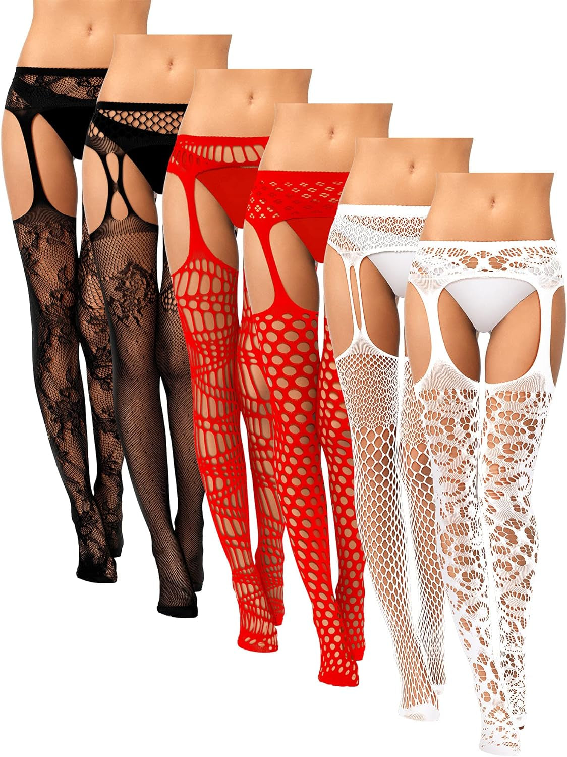 6 Pairs Women Fishnet Thigh High Stockings Suspender Pantyhose Lingerie Garter Belts Tights for Women Girls